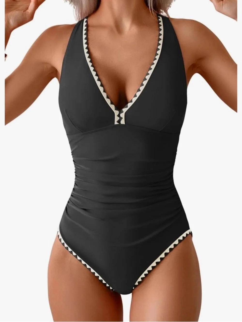 Black V-Neck One-Piece Swimsuit with Contrast Trim